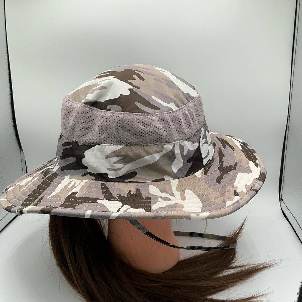 Camouflage print wide-brim sun hat with a mesh crown, adjustable chin strap
